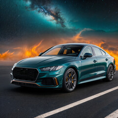 Fototapeta premium Modern sports car against the backdrop of space landscape, futuristic stylish design. Concept car poster, garage, wallpaper