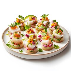 Obraz premium Elegant ceviche bites with cilantro and lime on ceramic plate