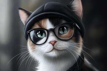 Portrait of a cute three-color cat with beautiful eyes with hat. Illustration World Pets Day. Dedicated to all domesticated animals. Cute domestic cat with glasses.