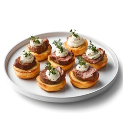 Gourmet beef medallions with herb cream on pastry cups for elegant appetizers