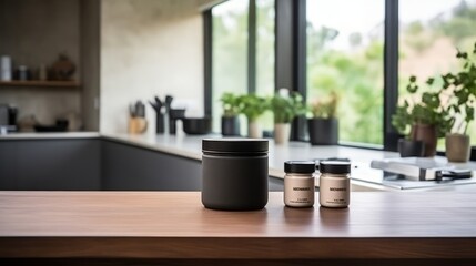 Black concrete countertop mockup for sports nutrition product presentation in gym setting