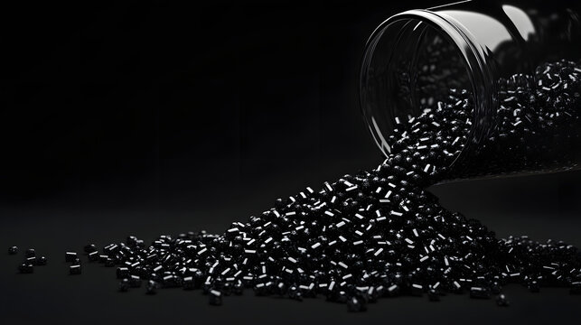 Black plastic polypropylene granules pouring from the glass on a black backdrop, masterbatch polymer grain pile. HDPE or PVC resin pellets. Place for text. 3d render illustration