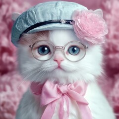 Portrait of a cute white cat with beautiful eyes with hat. Illustration World Pets Day. Dedicated to all domesticated animals. Cute domestic cat with glasses.