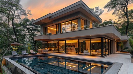 Obraz premium Modern Two-Story Villa with Outdoor Pool, Sunken Living Room, and Terraces at Sunset