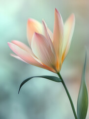 Fototapeta premium A close-up of a flower with soft pastel colors and a blurred background, highlighting the delicate textures and gentle curves of its petals and leaves, capturing the intricate beauty of nature