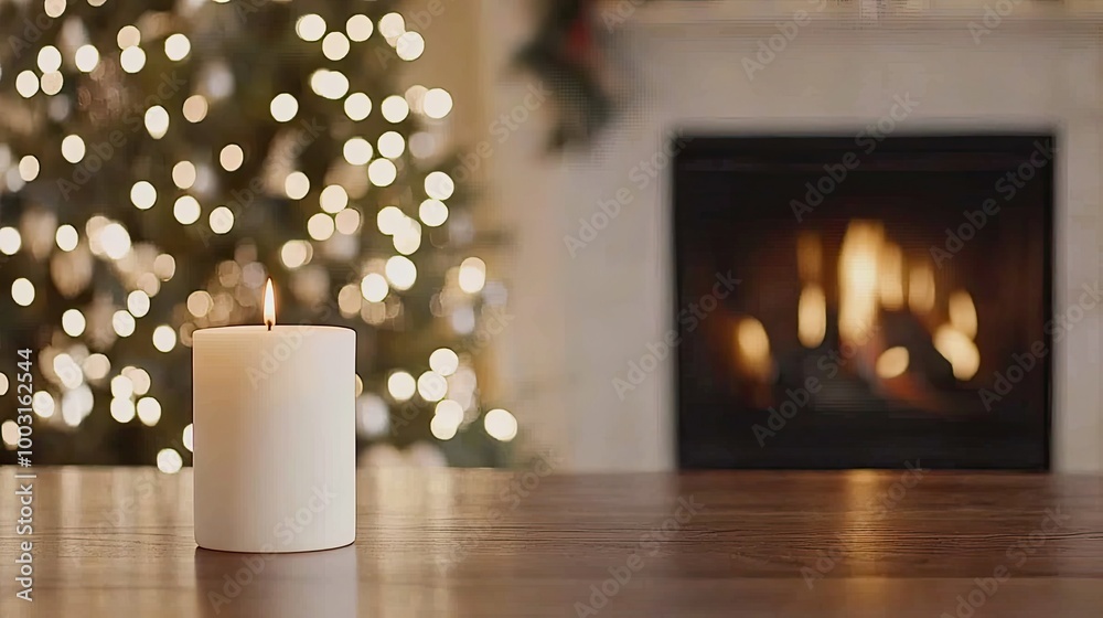 Sticker An elegant white candle illuminates a warm living room decorated for Christmas, with a cozy fireplace and soft bokeh lights creating a serene atmosphere