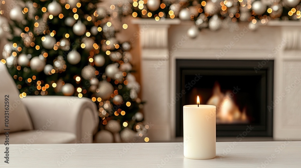 Sticker An elegant white candle illuminates a warm living room decorated for Christmas, with a cozy fireplace and soft bokeh lights creating a serene atmosphere