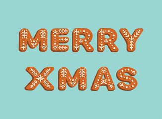Illustration of the text 'Merry Xmas' designed to look like gingerbread cookies with white icing on a light blue background. Perfect for holiday cards, posters, packaging, and Christmas designs.