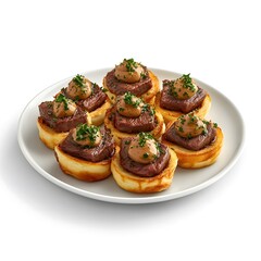 Gourmet beef fillet bites with herb garnish on crispy potato base