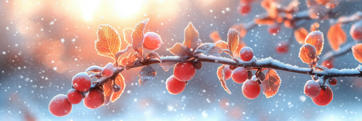 Frost covered berries. Snowfall, winter sunlight, cold weather. Bokeh background.