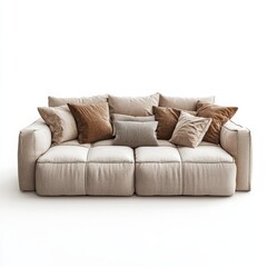 Cozy modern sofa with multiple cushions in neutral tones arranged for a stylish living room