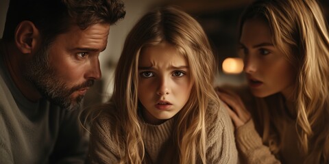 Fototapeta premium Concerned Parents Comforting Young Daughter Indoors in Emotional Moment