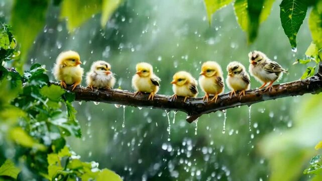natural panoramic photo with little funny  and Chicks sitting on a branch in summer garden in the rain