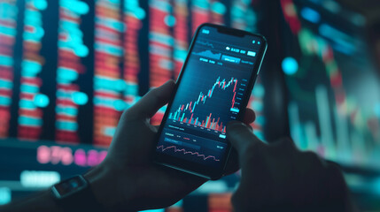 Trader use mobile smart phone with hologram virtual screen of stock growth graph, invest in trading. planning and strategy