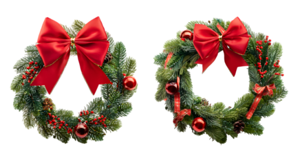 set of christmas wreath, red ribbon bow, isolated on white background, clipping path 