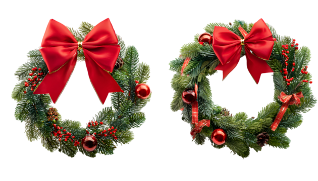 set of christmas wreath, red ribbon bow, isolated on white background, clipping path 