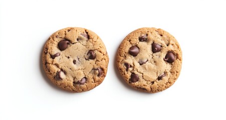 Freshly baked chocolate chip cookies on a white background ready to be enjoyed