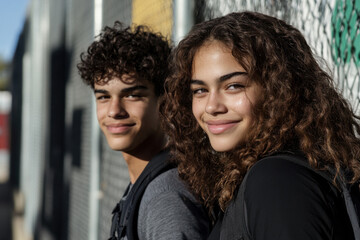 Fototapeta premium Teenager students with backpacks walk to school. Closeup portrait