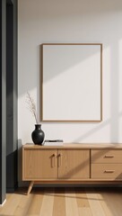 Modern neutral-toned living room showcasing a minimalistic wood sideboard  empty frame exudes comfortable cozy ambiance