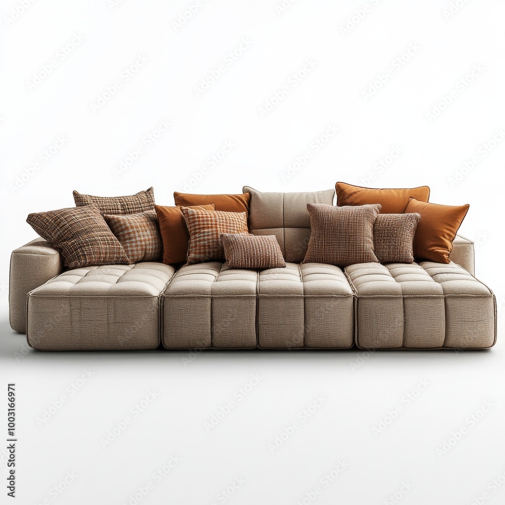 Wall mural Cozy modern sofa with multiple cushions in neutral tones arranged for a stylish living room