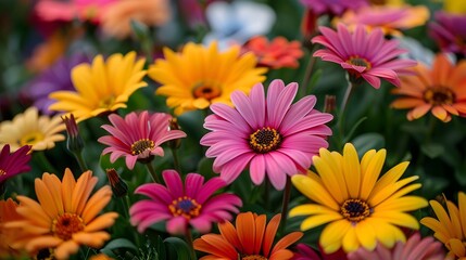 Fototapeta premium a vibrant and colorful assortment of flowers. The flowers are predominantly daisies, with petals in various shades of pink, orange, yellow, and red. They are densely packed together, creating a lively