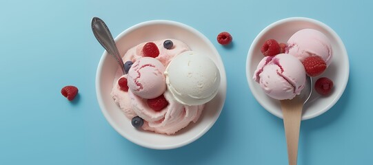 Top view of strawberry flavor ice cream on light blue background, copy space.
