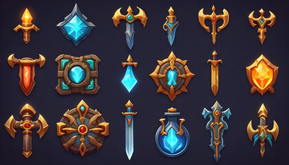 set of weapon icons in fantasy style for computer games