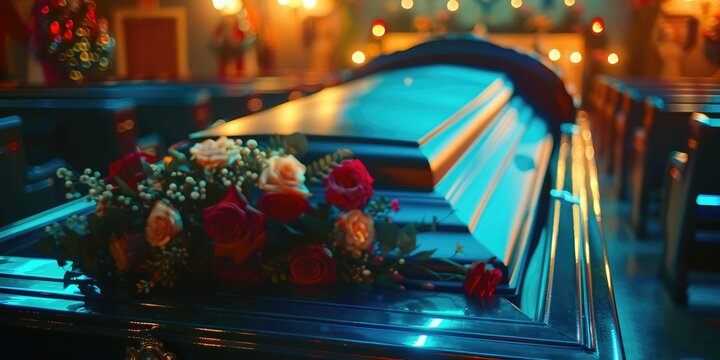 Close-up of a colorful coffin in a vehicle or service area before a memorial or interment.