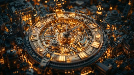 Obraz premium Futuristic Steampunk Cityscape with Intricate Clockwork Design and Lights