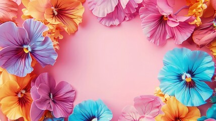 Pansy flowers on soft color background, romantic feminine composition, wedding invitation concept.