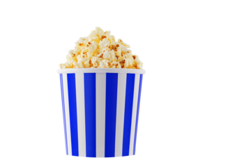Delicious popcorn, classic box, classic paper cup with Blue stripe, isolated on white background close-up