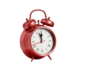 retro clock, pointer clock, red color alarm clock on isolated white background close up