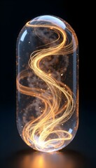 A glowing swirl of energy twirls inside a transparent capsule, surrounded by shimmering particles