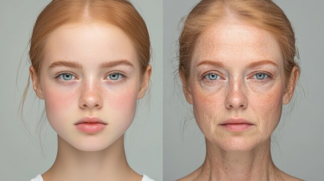 A side-by-side comparison of a young, perfectly symmetrical face and an older face with visible wrinkles, sagging skin, and asymmetry.
