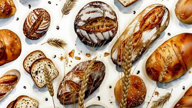 A watercolor painting of various types of bread, including loaves, rolls, and slices, with wheat stalks and scattered grains