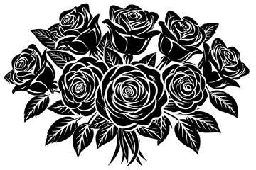 Cute rose bouquet with leaves silhouette black linocut vector art illustration