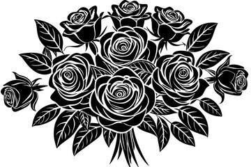 Cute rose bouquet with leaves silhouette black linocut vector art illustration