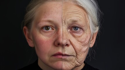 Obraz premium A split-view portrait showing the natural progression from a symmetrical, youthful face to an asymmetrical, aged face with deep wrinkles and uneven skin tone.