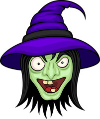 Vector illustration of the face/head of a witch in a purple hat, smiling in a sinister way.
