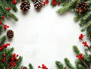 Christmas Border frame of tree branches red berries and pine cones, room for copy