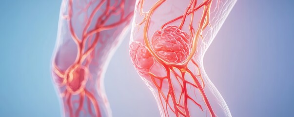 A zoomed-in medical illustration of a leg with varicose veins, highlighting the venous valves and their dysfunction, causing blood pooling.