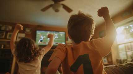 Kids excitedly cheering for their favorite team at home
