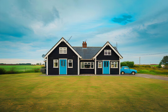 Residential Exterior A cloudy sky with a colorful house.