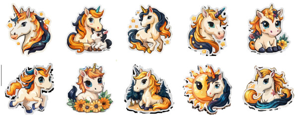 Cute unicorn illustrations with colorful designs and floral elements