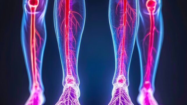 An arteriographic image of the lower limbs, with contrast dye illuminating the femoral and popliteal arteries, identifying areas of blockage or narrowing.