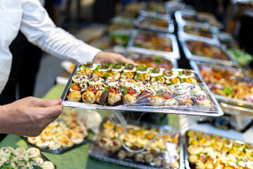 Catering service presents elegantly arranged hors d'oeuvres at a formal evening event in a banquet...
