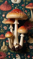 Vintage magic botanical seamless pattern showcases Amanita mushrooms and witchcraft elements