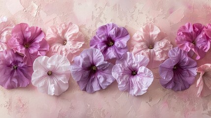 Fototapeta premium Petunias flowers on soft color background, romantic feminine composition, wedding invitation concept.
