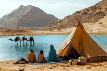 A Tuareg family of four relaxes by a tranquil oasis in the desert, with camels grazing nearby under the warm sun
