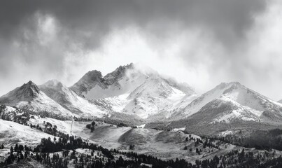 Black and white photo of snow-covered mountains in